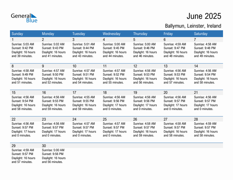 Ballymun June 2025 sunrise and sunset calendar in PDF, Excel, and Word