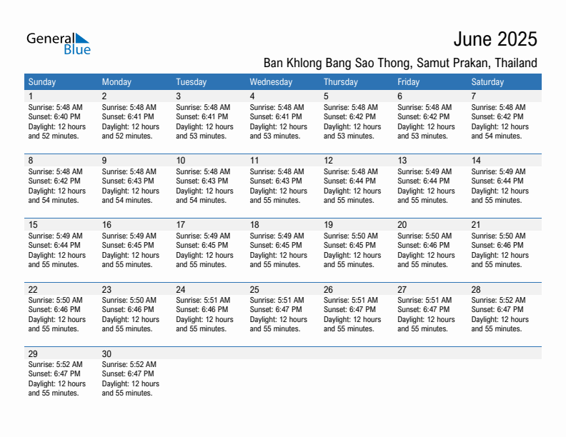 Ban Khlong Bang Sao Thong June 2025 sunrise and sunset calendar in PDF, Excel, and Word