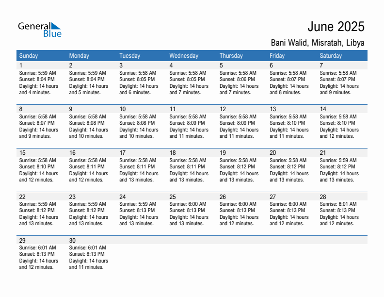 Bani Walid June 2025 sunrise and sunset calendar in PDF, Excel, and Word