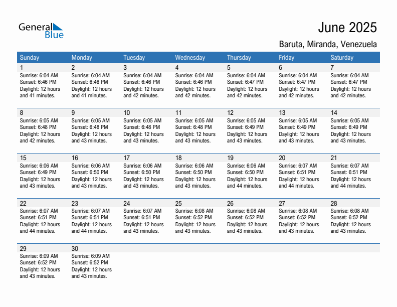 Baruta June 2025 sunrise and sunset calendar in PDF, Excel, and Word