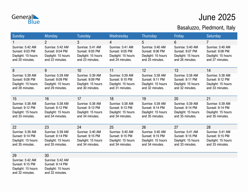 Basaluzzo June 2025 sunrise and sunset calendar in PDF, Excel, and Word