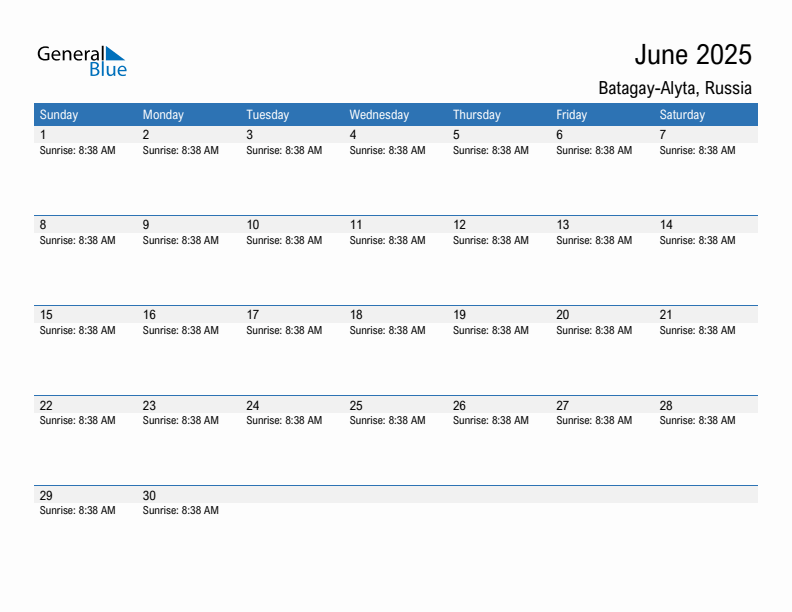 Batagay-Alyta June 2025 sunrise and sunset calendar in PDF, Excel, and Word