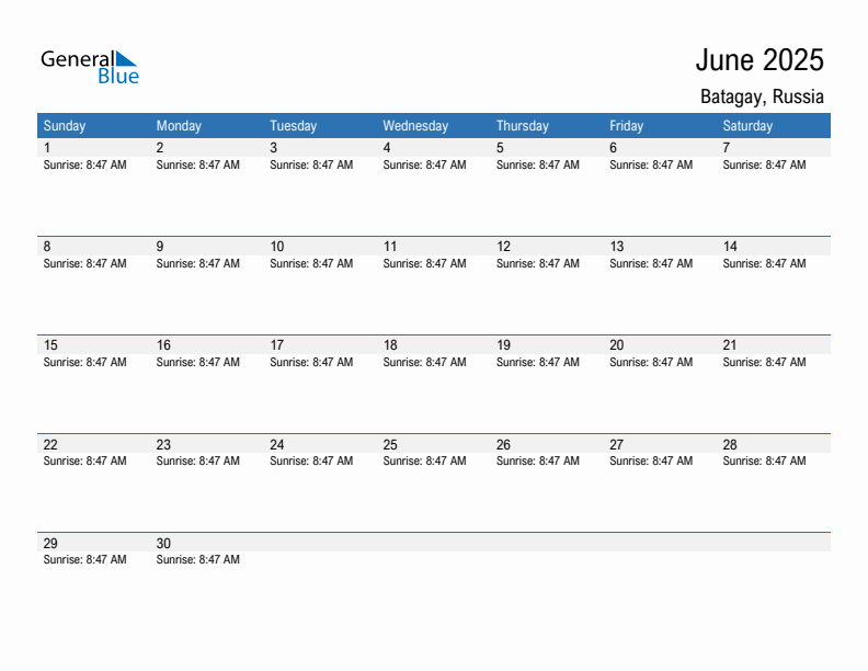 Batagay June 2025 sunrise and sunset calendar in PDF, Excel, and Word