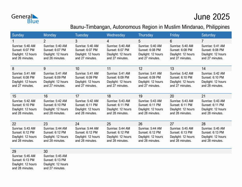 Baunu-Timbangan June 2025 sunrise and sunset calendar in PDF, Excel, and Word