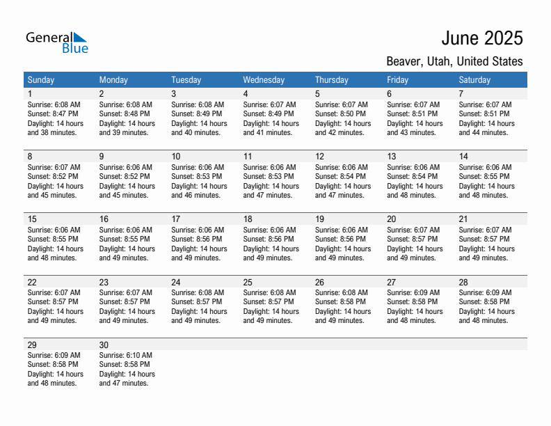 Beaver June 2025 sunrise and sunset calendar in PDF, Excel, and Word