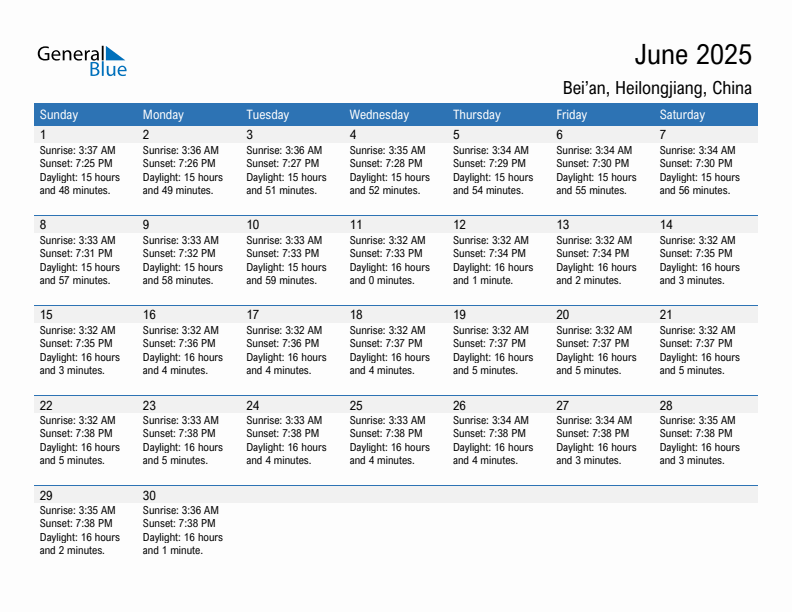 Bei'an June 2025 sunrise and sunset calendar in PDF, Excel, and Word