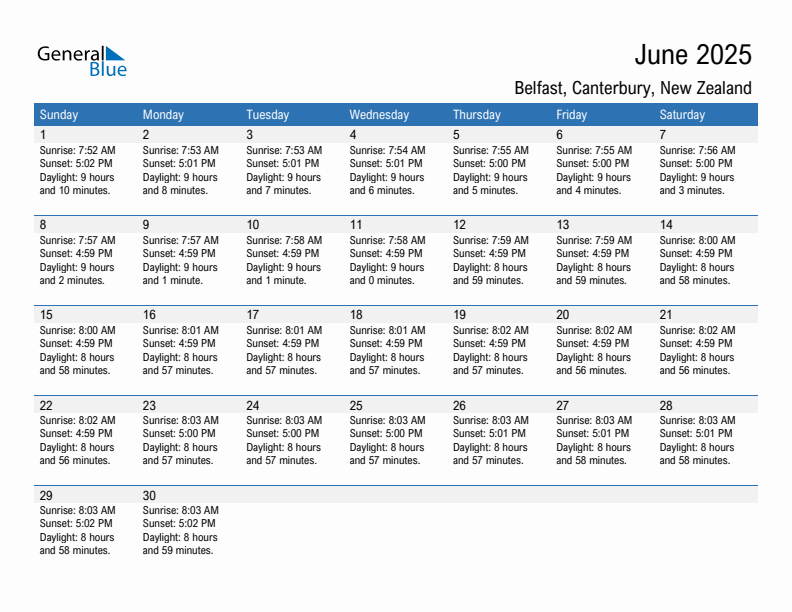 Belfast June 2025 sunrise and sunset calendar in PDF, Excel, and Word