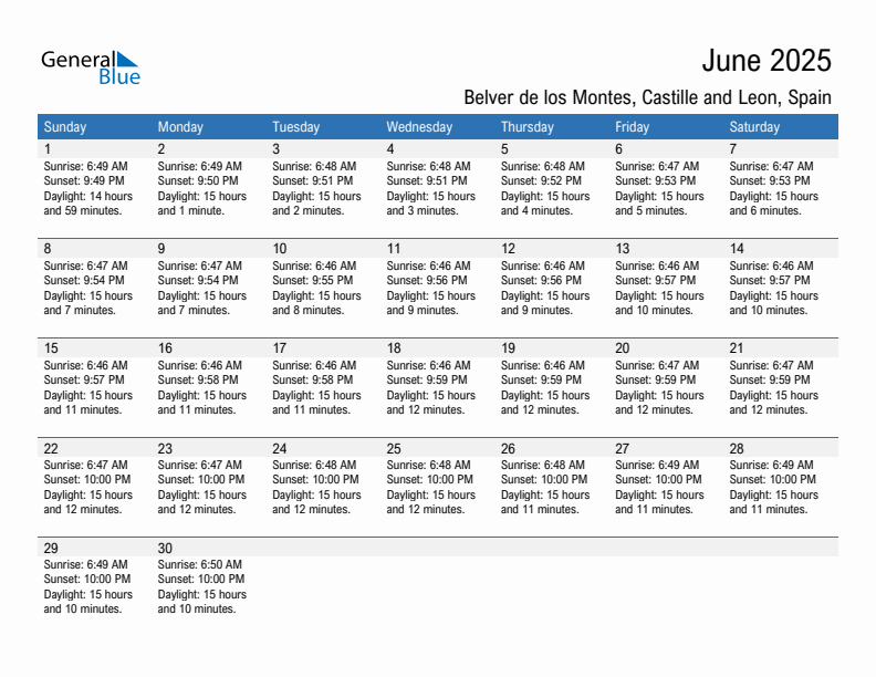 Belver de los Montes June 2025 sunrise and sunset calendar in PDF, Excel, and Word