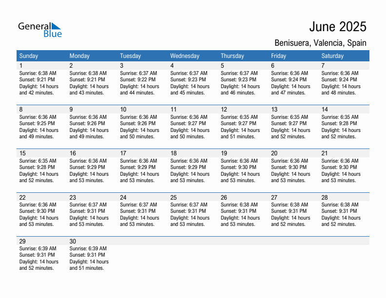 Benisuera June 2025 sunrise and sunset calendar in PDF, Excel, and Word