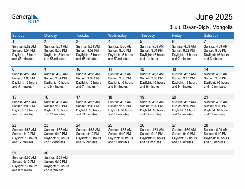 Biluu June 2025 sunrise and sunset calendar in PDF, Excel, and Word