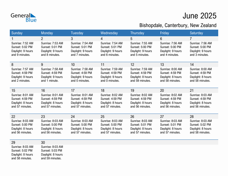 Bishopdale June 2025 sunrise and sunset calendar in PDF, Excel, and Word