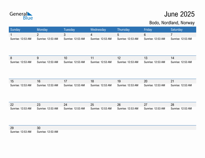 Bodo June 2025 sunrise and sunset calendar in PDF, Excel, and Word