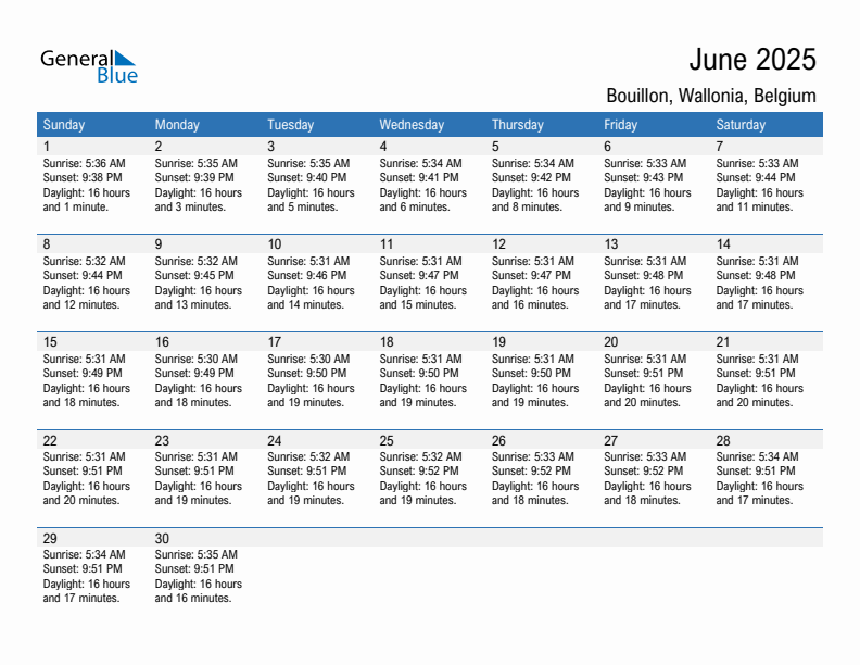 Bouillon June 2025 sunrise and sunset calendar in PDF, Excel, and Word