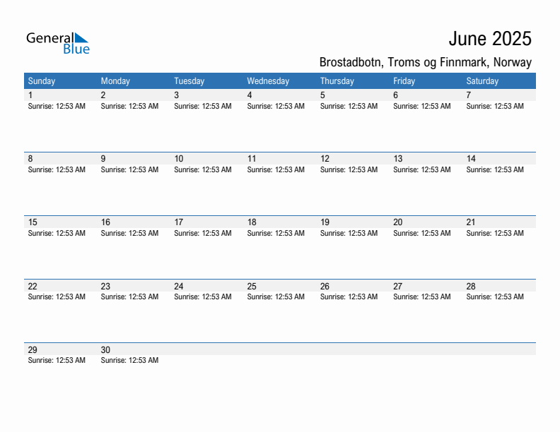 Brostadbotn June 2025 sunrise and sunset calendar in PDF, Excel, and Word