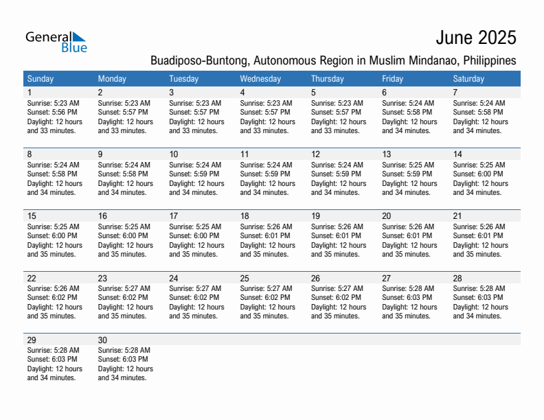 Buadiposo-Buntong June 2025 sunrise and sunset calendar in PDF, Excel, and Word