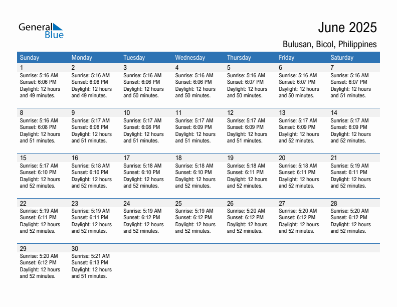 Bulusan June 2025 sunrise and sunset calendar in PDF, Excel, and Word