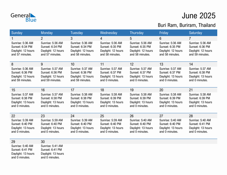 Buri Ram June 2025 sunrise and sunset calendar in PDF, Excel, and Word