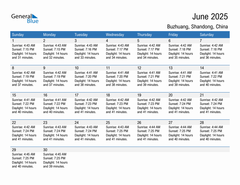 Buzhuang June 2025 sunrise and sunset calendar in PDF, Excel, and Word