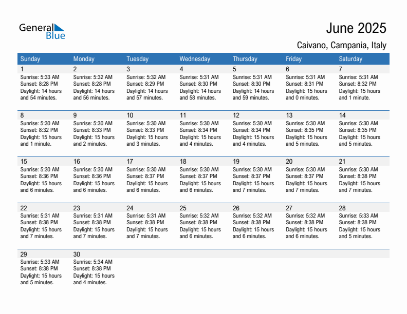 Caivano June 2025 sunrise and sunset calendar in PDF, Excel, and Word