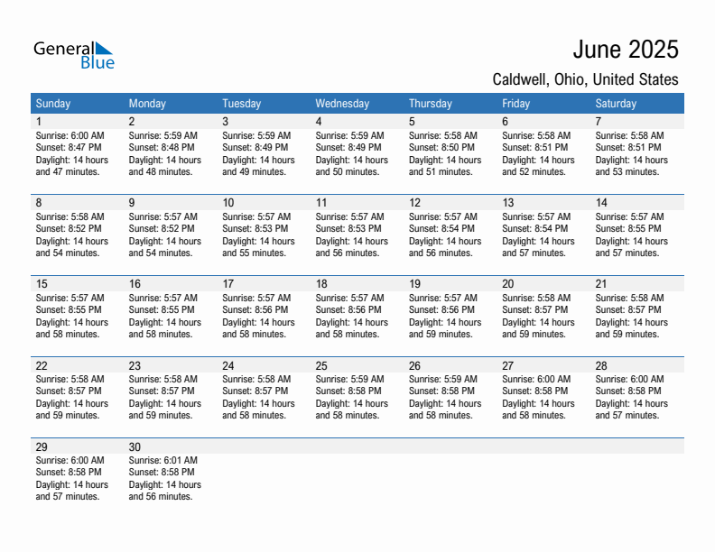 Caldwell June 2025 sunrise and sunset calendar in PDF, Excel, and Word