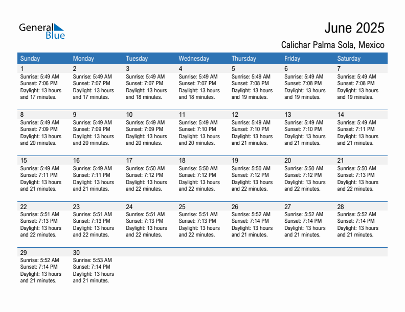 Calichar Palma Sola June 2025 sunrise and sunset calendar in PDF, Excel, and Word