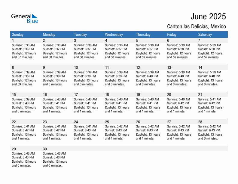 Canton las Delicias June 2025 sunrise and sunset calendar in PDF, Excel, and Word