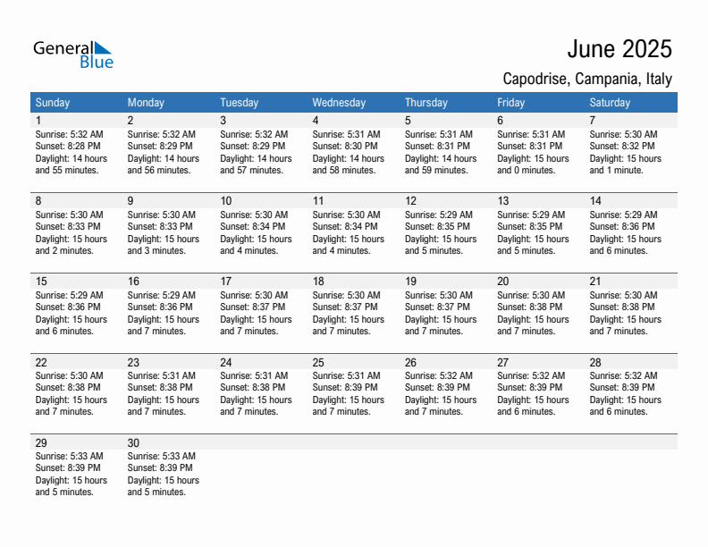 Capodrise June 2025 sunrise and sunset calendar in PDF, Excel, and Word