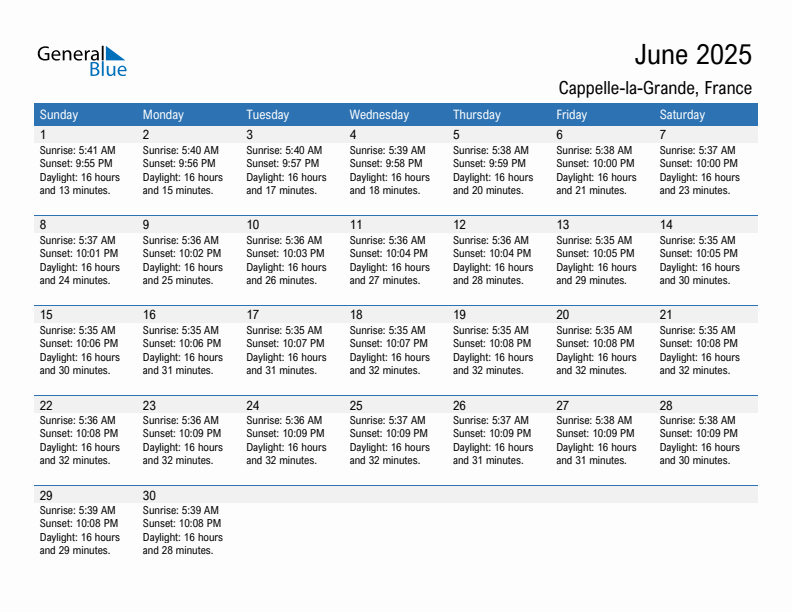 Cappelle-la-Grande June 2025 sunrise and sunset calendar in PDF, Excel, and Word