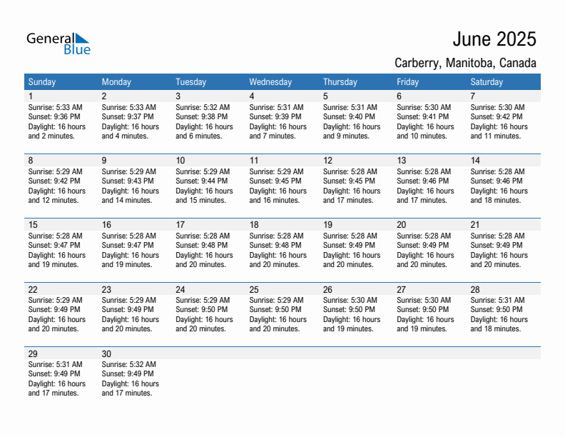 Carberry June 2025 sunrise and sunset calendar in PDF, Excel, and Word