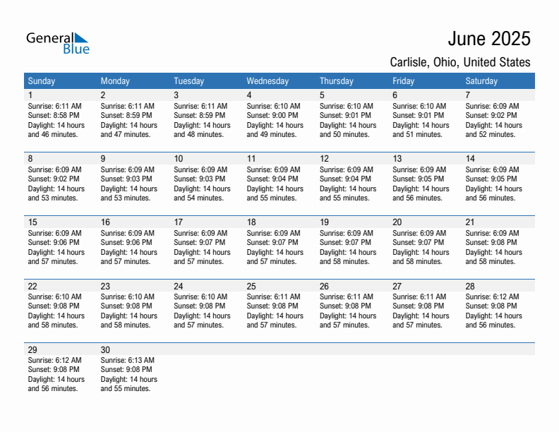 Carlisle June 2025 sunrise and sunset calendar in PDF, Excel, and Word