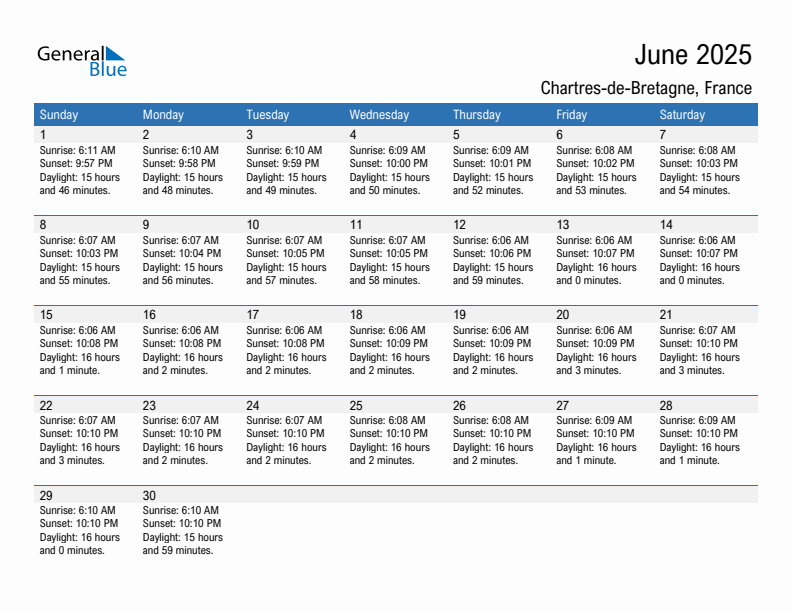 Chartres-de-Bretagne June 2025 sunrise and sunset calendar in PDF, Excel, and Word