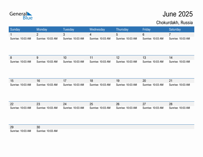 Chokurdakh June 2025 sunrise and sunset calendar in PDF, Excel, and Word