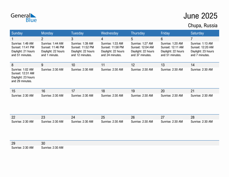 Chupa June 2025 sunrise and sunset calendar in PDF, Excel, and Word