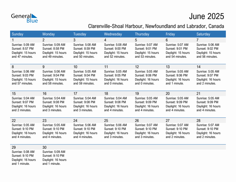 Clarenville-Shoal Harbour June 2025 sunrise and sunset calendar in PDF, Excel, and Word