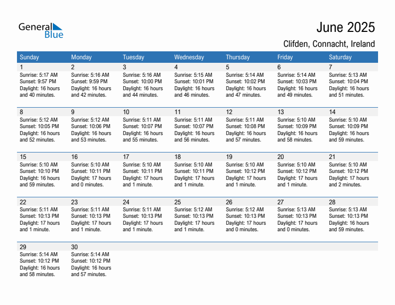 Clifden June 2025 sunrise and sunset calendar in PDF, Excel, and Word