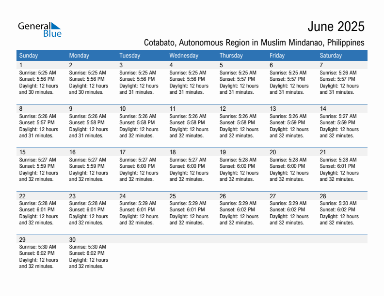 Cotabato June 2025 sunrise and sunset calendar in PDF, Excel, and Word