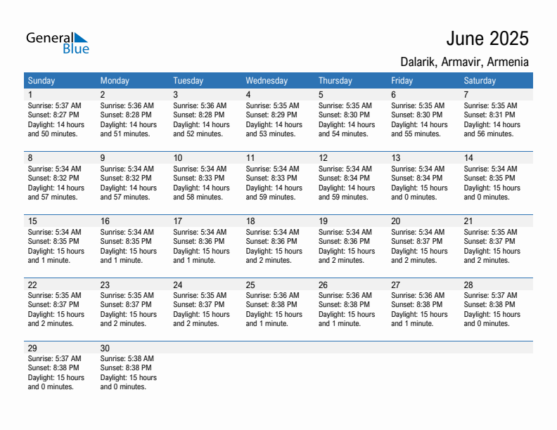 Dalarik June 2025 sunrise and sunset calendar in PDF, Excel, and Word