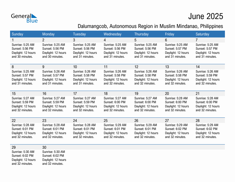 Dalumangcob June 2025 sunrise and sunset calendar in PDF, Excel, and Word