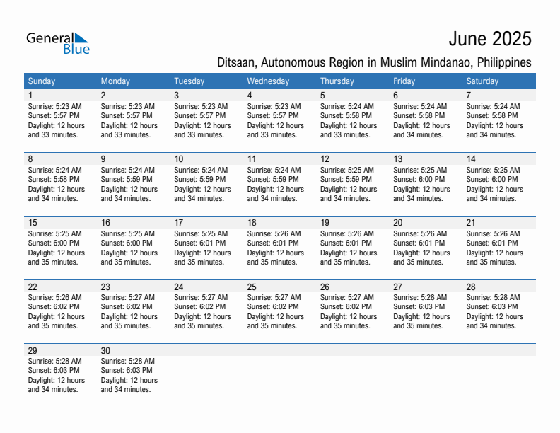 Ditsaan June 2025 sunrise and sunset calendar in PDF, Excel, and Word