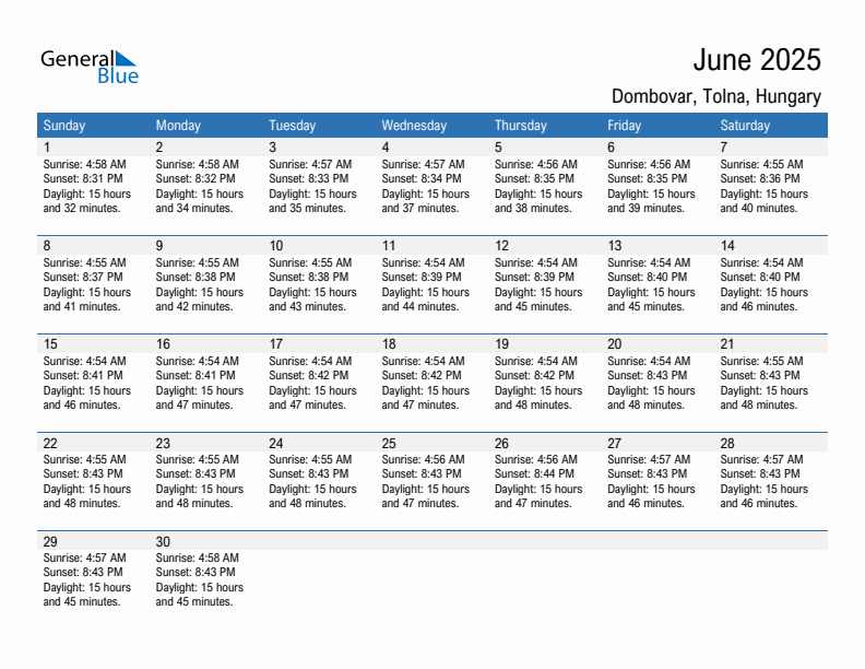 Dombovar June 2025 sunrise and sunset calendar in PDF, Excel, and Word