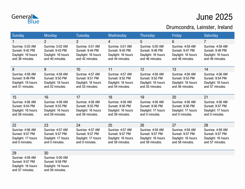 Drumcondra June 2025 sunrise and sunset calendar in PDF, Excel, and Word