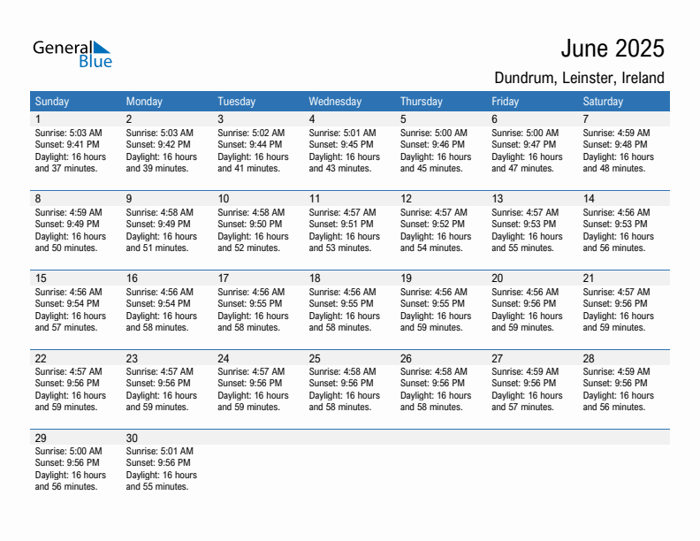 Dundrum June 2025 sunrise and sunset calendar in PDF, Excel, and Word