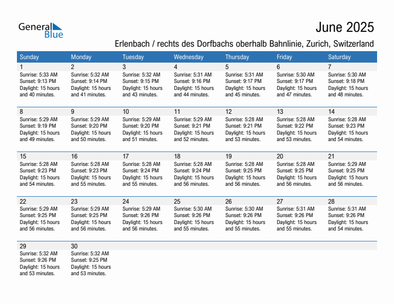 Erlenbach / rechts des Dorfbachs oberhalb Bahnlinie June 2025 sunrise and sunset calendar in PDF, Excel, and Word