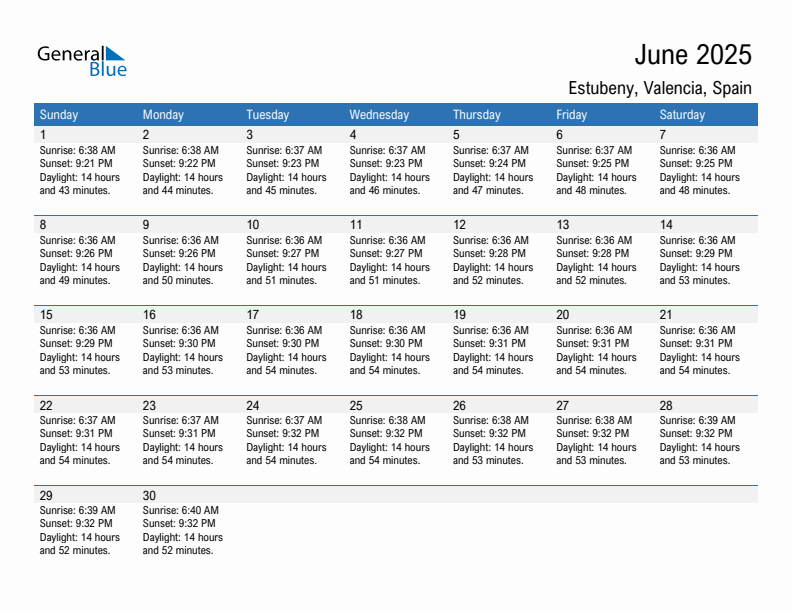 Estubeny June 2025 sunrise and sunset calendar in PDF, Excel, and Word