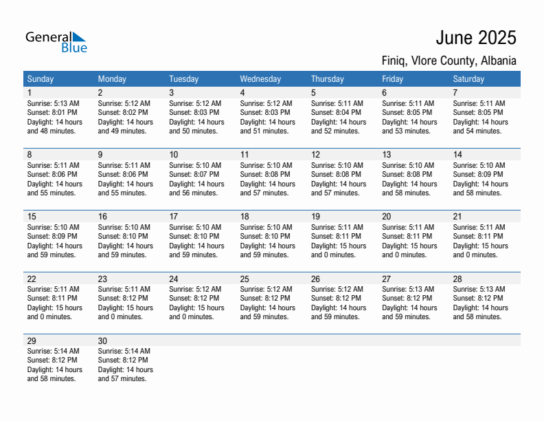 Finiq June 2025 sunrise and sunset calendar in PDF, Excel, and Word