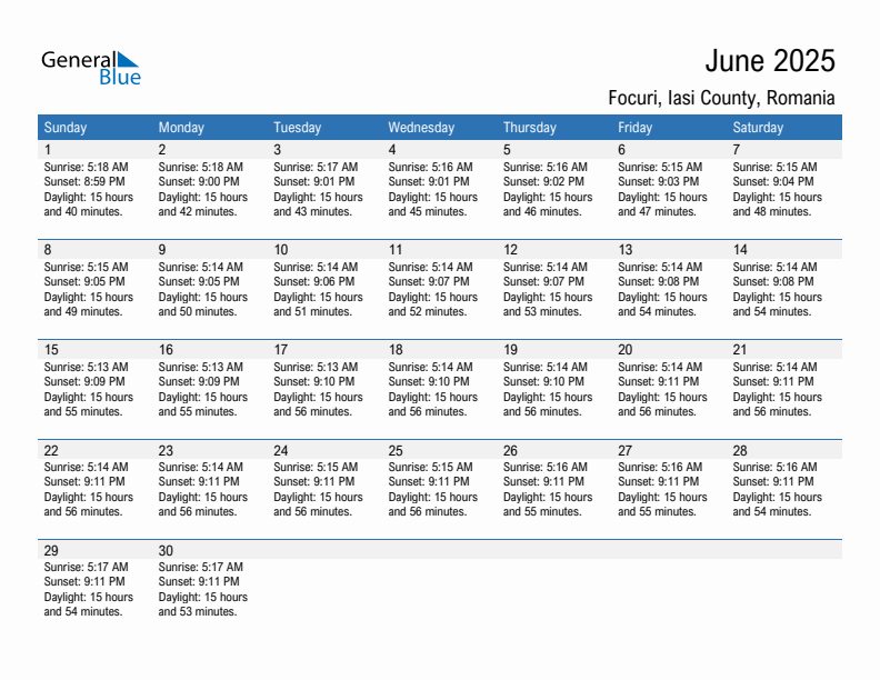 Focuri June 2025 sunrise and sunset calendar in PDF, Excel, and Word