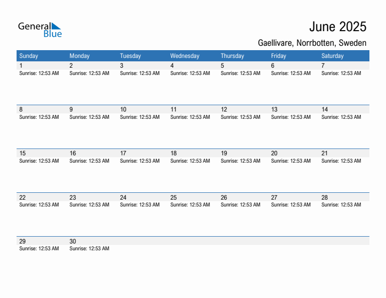 Gaellivare June 2025 sunrise and sunset calendar in PDF, Excel, and Word