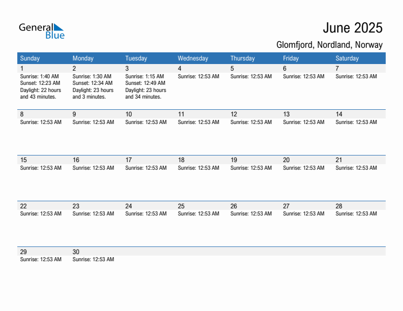 Glomfjord June 2025 sunrise and sunset calendar in PDF, Excel, and Word