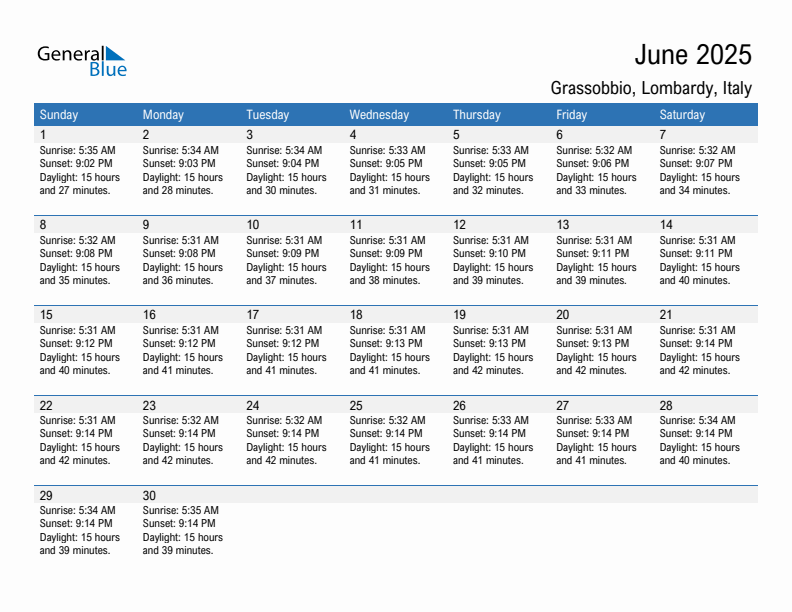 Grassobbio June 2025 sunrise and sunset calendar in PDF, Excel, and Word