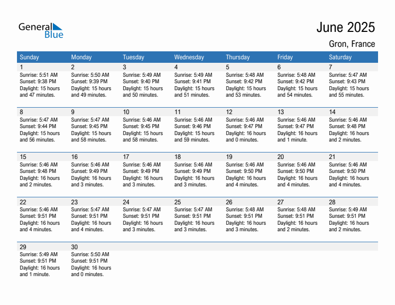 Gron June 2025 sunrise and sunset calendar in PDF, Excel, and Word